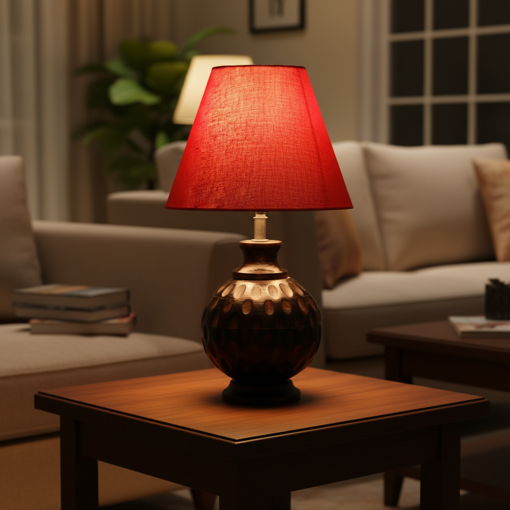 Rustic Wooden Bedside Table Lamp with Linen Shade – Traditional Night Lamp for Home Décor, Pack Of 1(Red) - Image 6