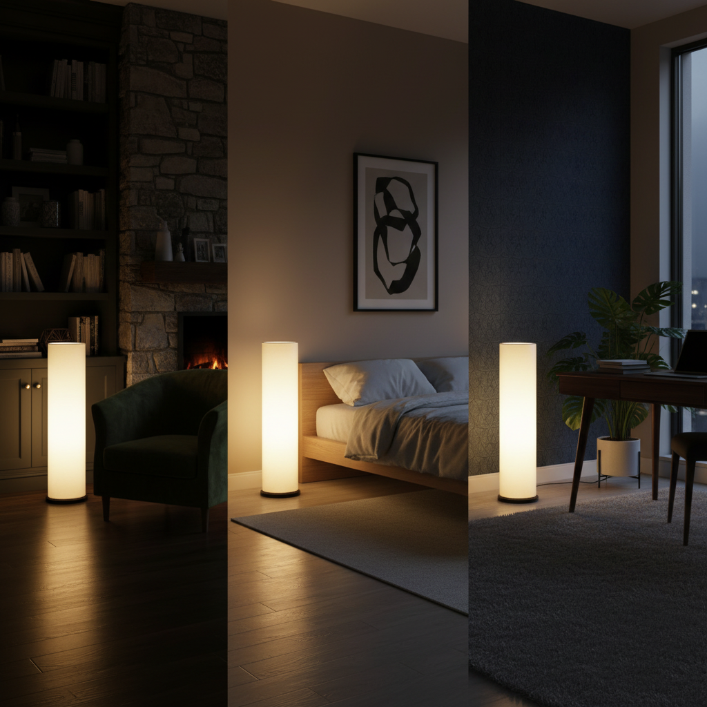 Wooden Base Cylinder Shape Corner Decorative Floor Lamp, Cream- Pack Of 1 - Image 11