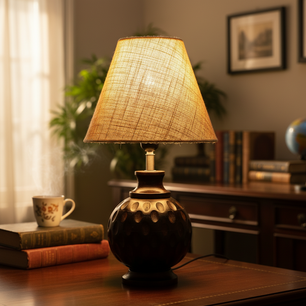 Rustic Wooden Bedside Table Lamp with Linen Shade – Traditional Night Lamp for Home Décor, Pack Of 1(Natural Jute)