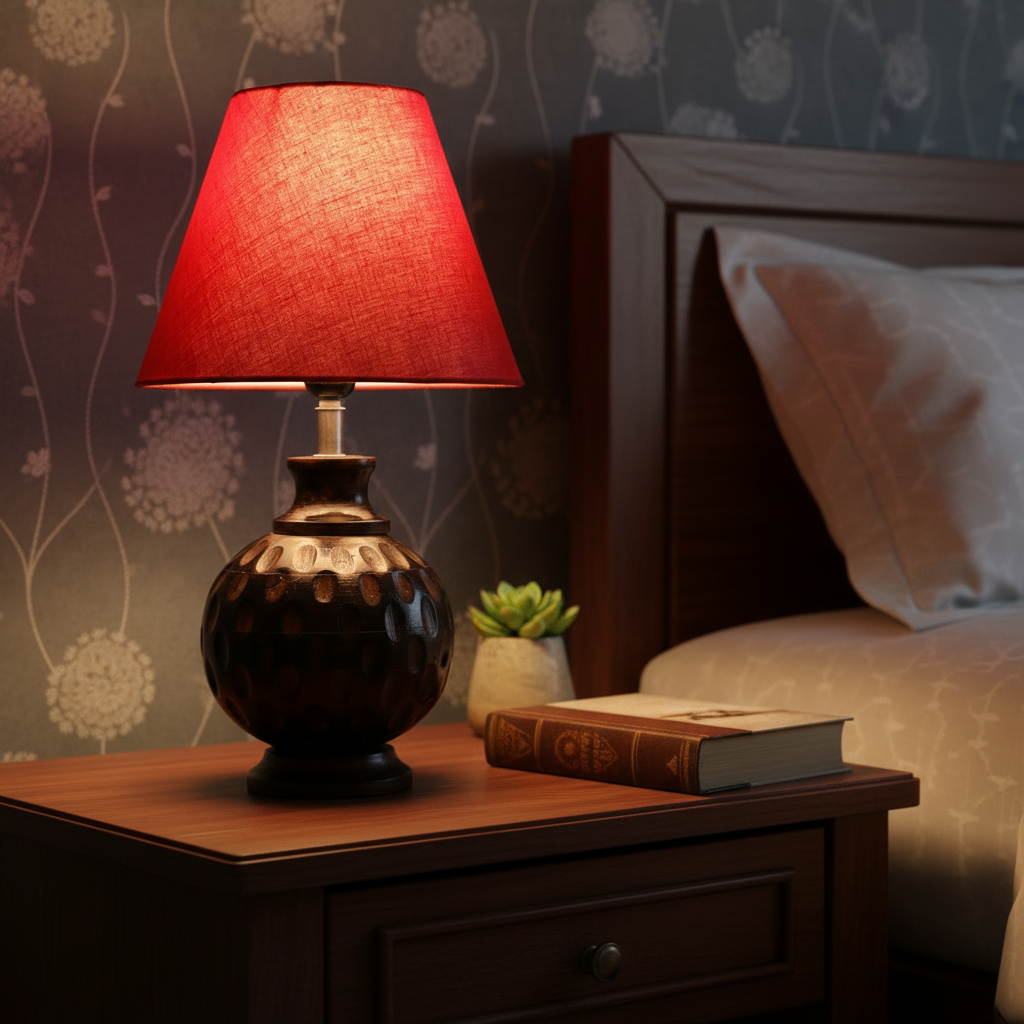 Rustic Wooden Bedside Table Lamp with Linen Shade – Traditional Night Lamp for Home Décor, Pack Of 1(Red) - Image 5