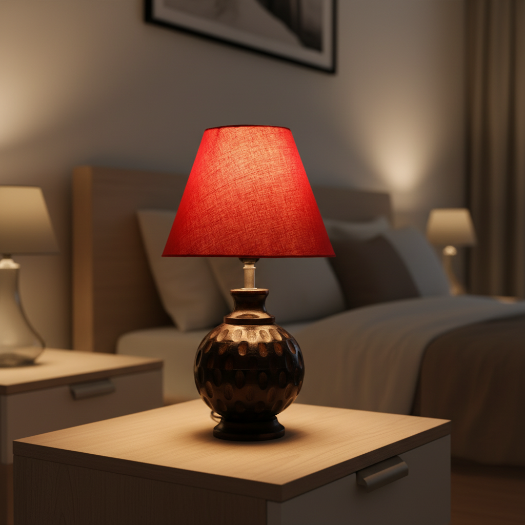 Rustic Wooden Bedside Table Lamp with Linen Shade – Traditional Night Lamp for Home Décor, Pack Of 1(Red) - Image 11