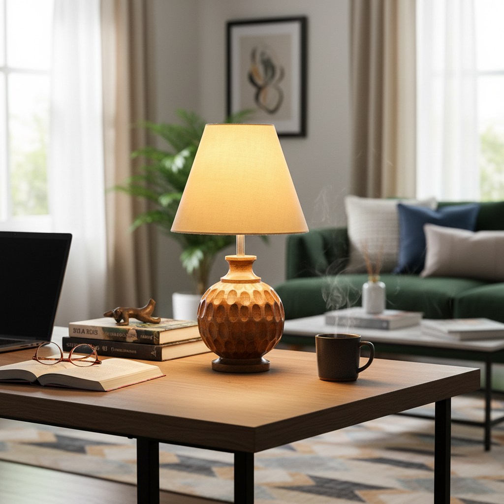 Artisan Carved Wood Table Lamp – Elegant Bedroom & Living Room Accent Light, Pack Of 1(Pale Yellow) - Image 5