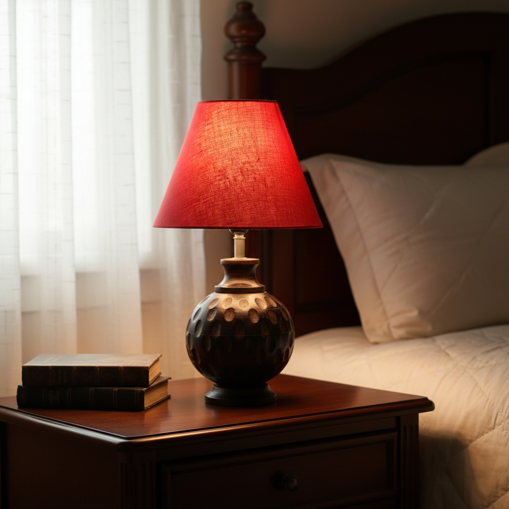 Rustic Wooden Bedside Table Lamp with Linen Shade – Traditional Night Lamp for Home Décor, Pack Of 1(Red) - Image 14