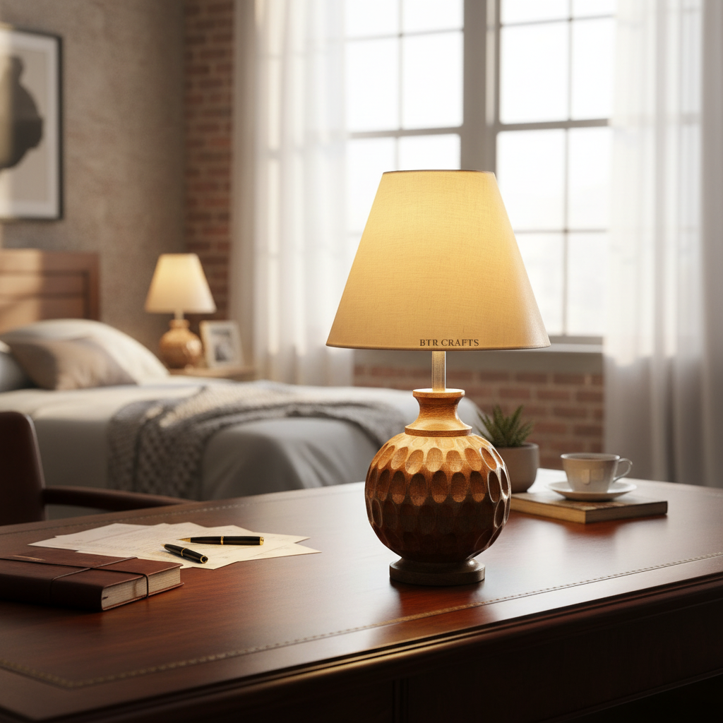 Artisan Carved Wood Table Lamp – Elegant Bedroom & Living Room Accent Light, Pack Of 1(Pale Yellow) - Image 8