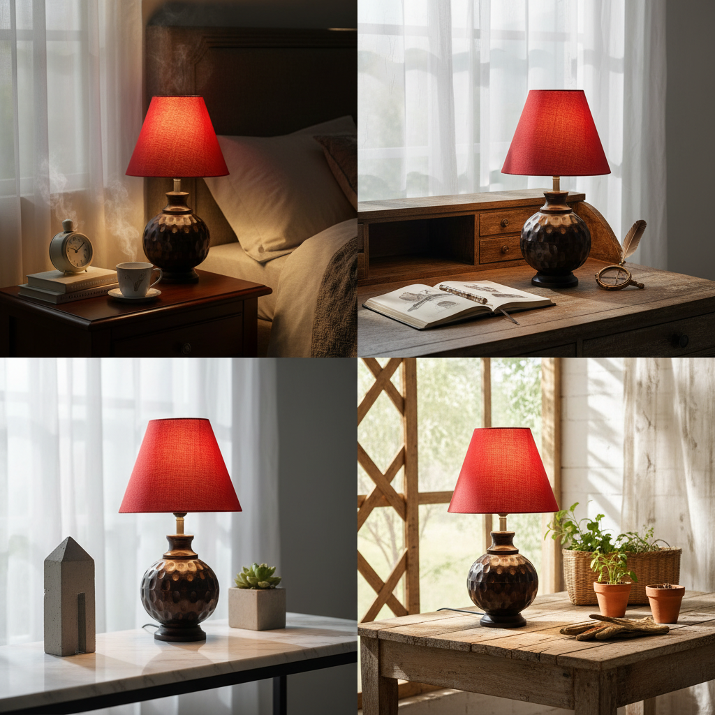 Rustic Wooden Bedside Table Lamp with Linen Shade – Traditional Night Lamp for Home Décor, Pack Of 1(Red) - Image 3
