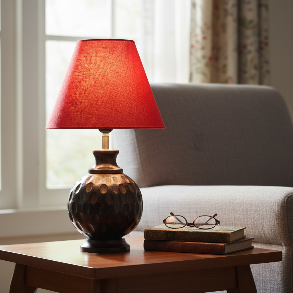 Rustic Wooden Bedside Table Lamp with Linen Shade – Traditional Night Lamp for Home Décor, Pack Of 1(Red) - Image 2