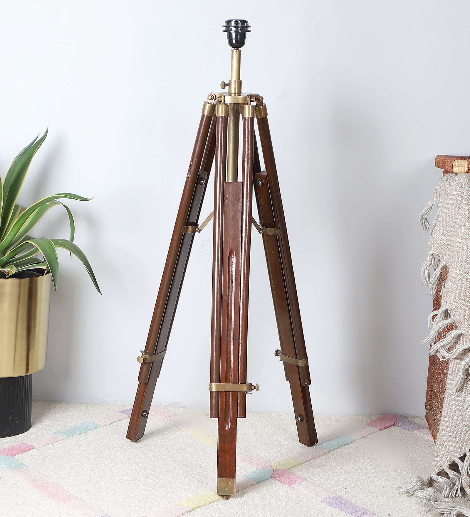 Royal Nickel Finished Wooden Tripod Brown Polished Contemporary Suitable For Floor Lamp