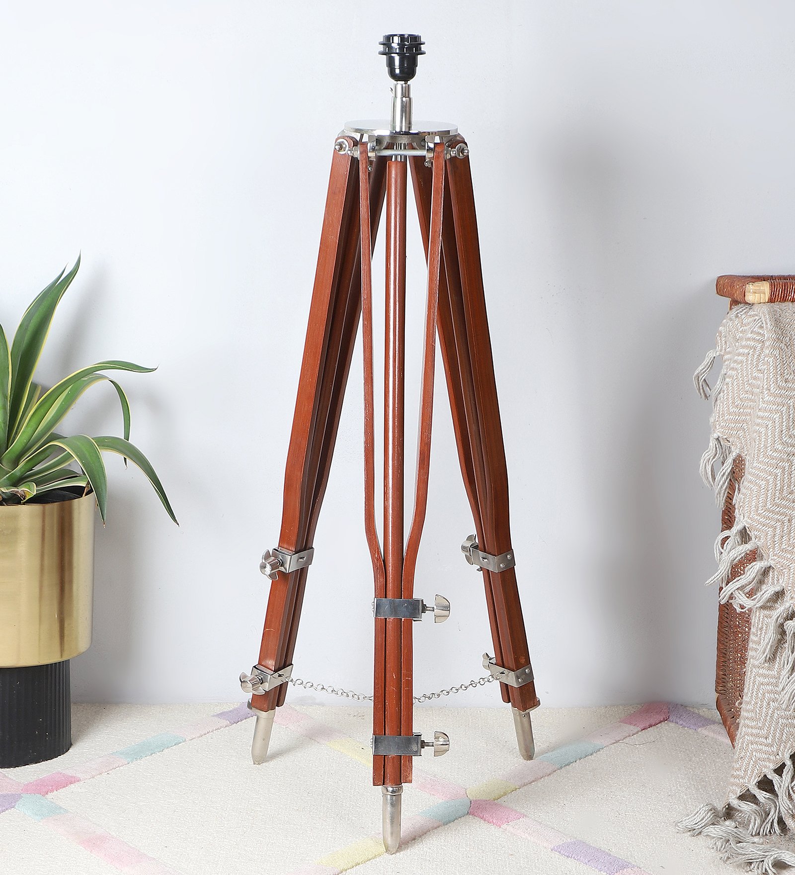 Royal Nickel Finished Wooden Tripod Brown Polished Contemporary Suitable For Floor Lamp