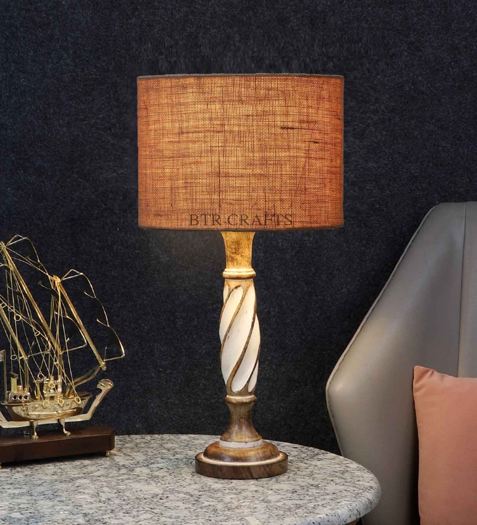 Twister Wooden Table Lamp, Side Table lamp for Bedroom, Night Table lamp Complete Set-(Natural jute)