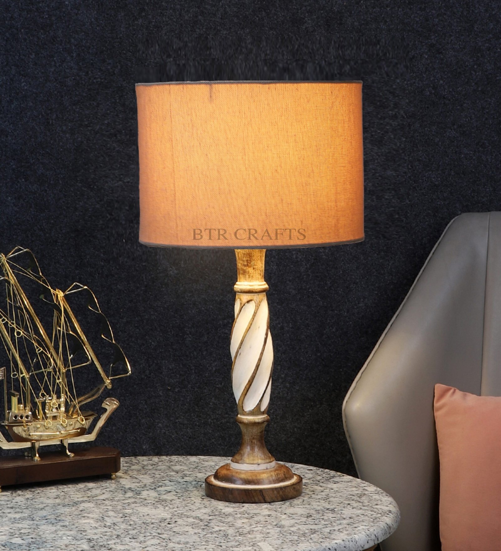 Twister Wooden Table Lamp, Side Table lamp for Bedroom, Night Table lamp Complete Set-(Premium Jute)