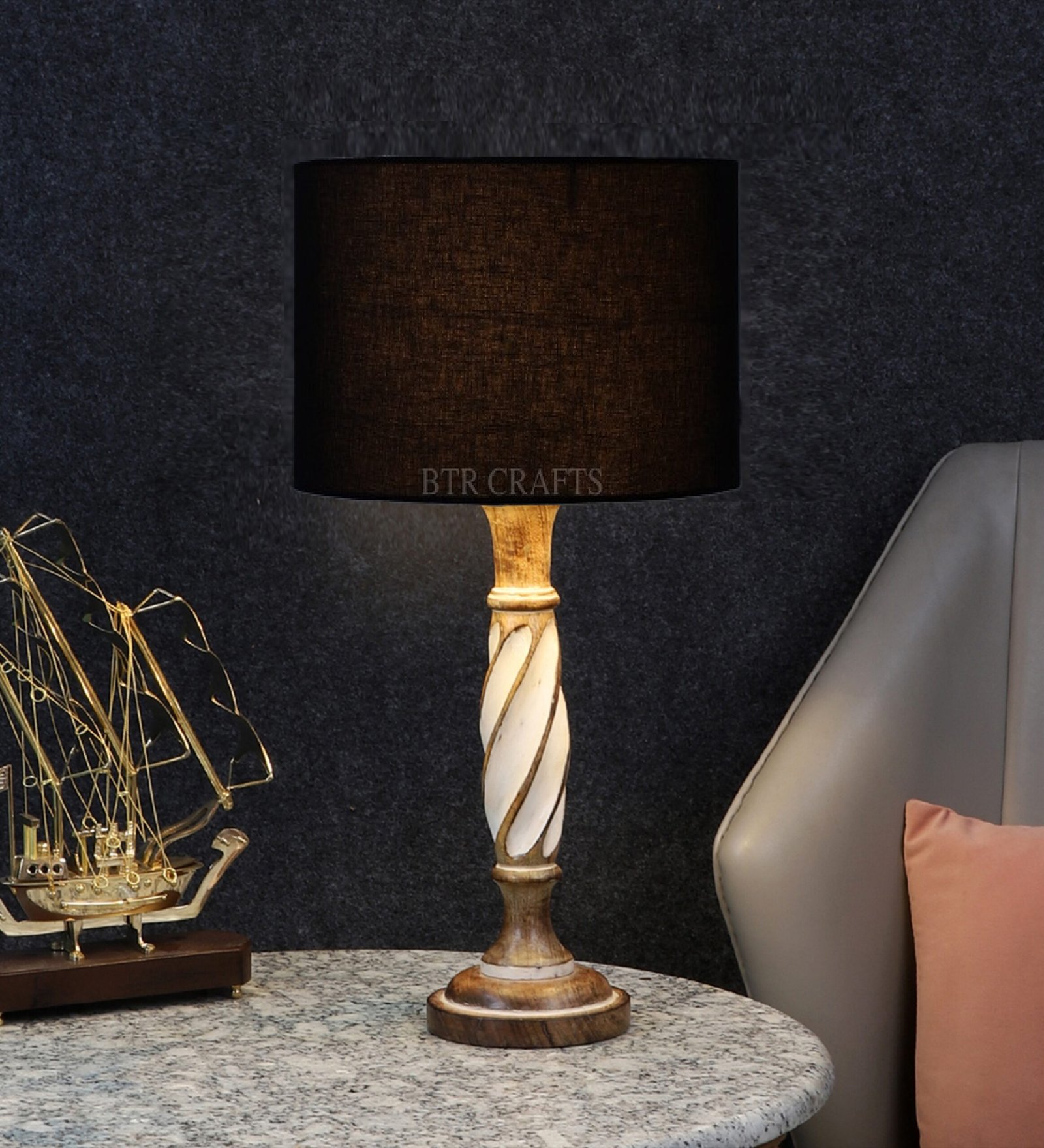 Twister Wooden Table Lamp, Side Table lamp for Bedroom, Night Table lamp Complete Set-(Black)