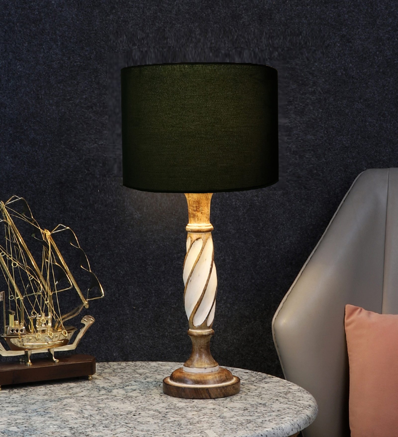 Twister Wooden Table Lamp, Side Table lamp for Bedroom, Night Table lamp Complete Set-(Green)