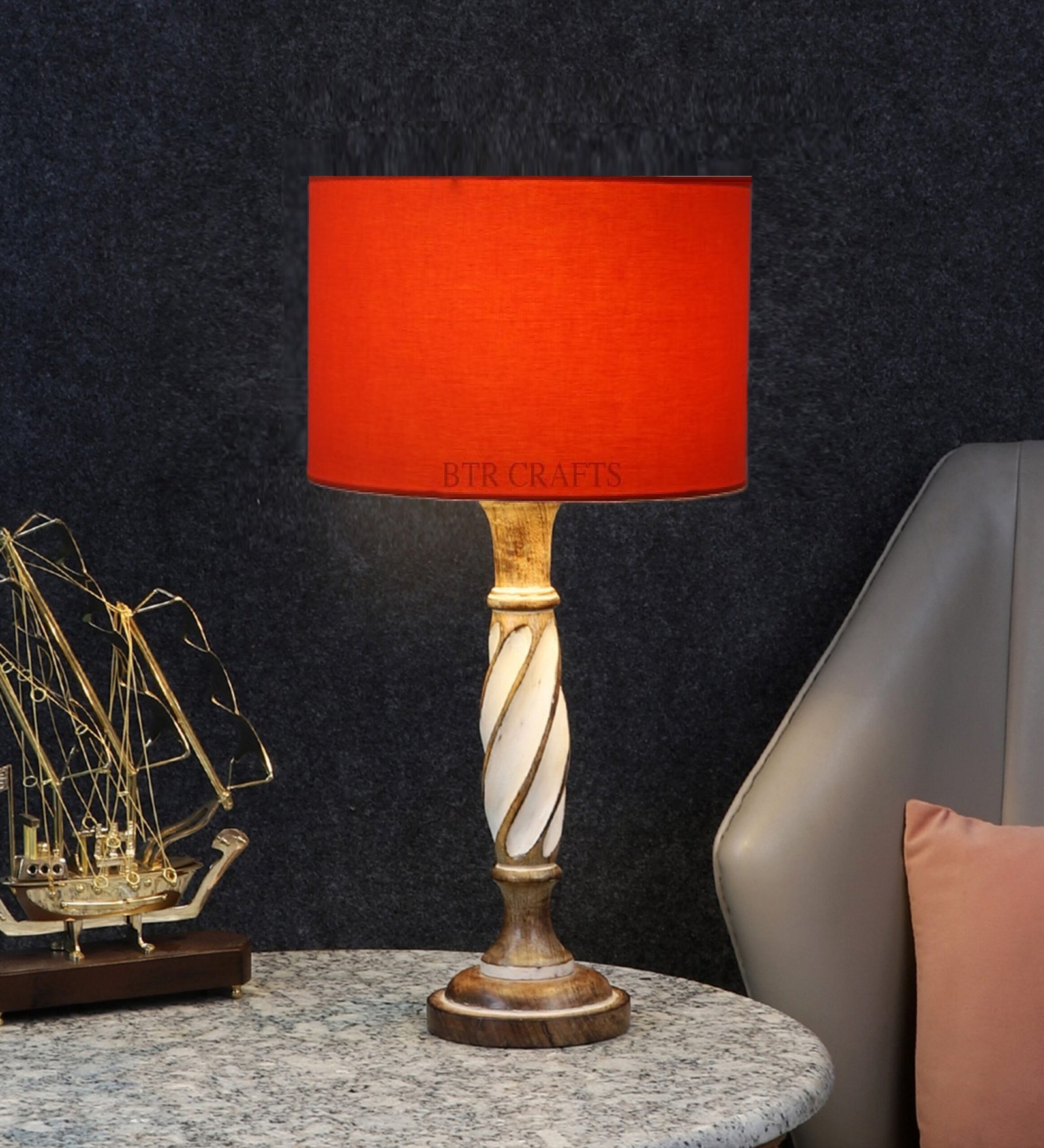 Twister Wooden Table Lamp, Side Table lamp for Bedroom, Night Table lamp Complete Set-(Orange)