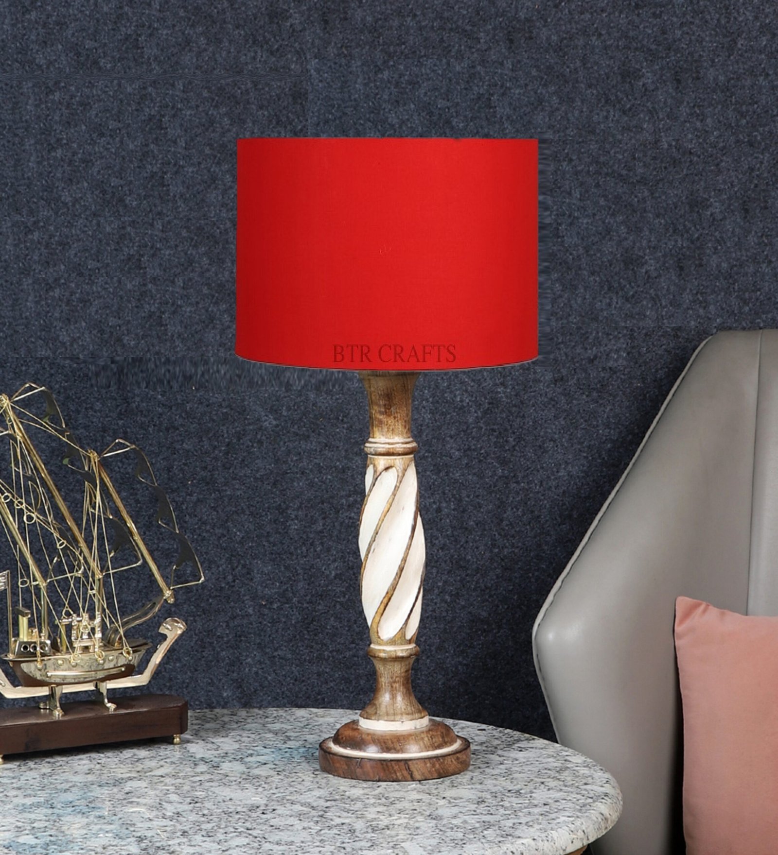 Twister Wooden Table Lamp, Side Table lamp for Bedroom, Night Table lamp Complete Set-(Red) - Image 2