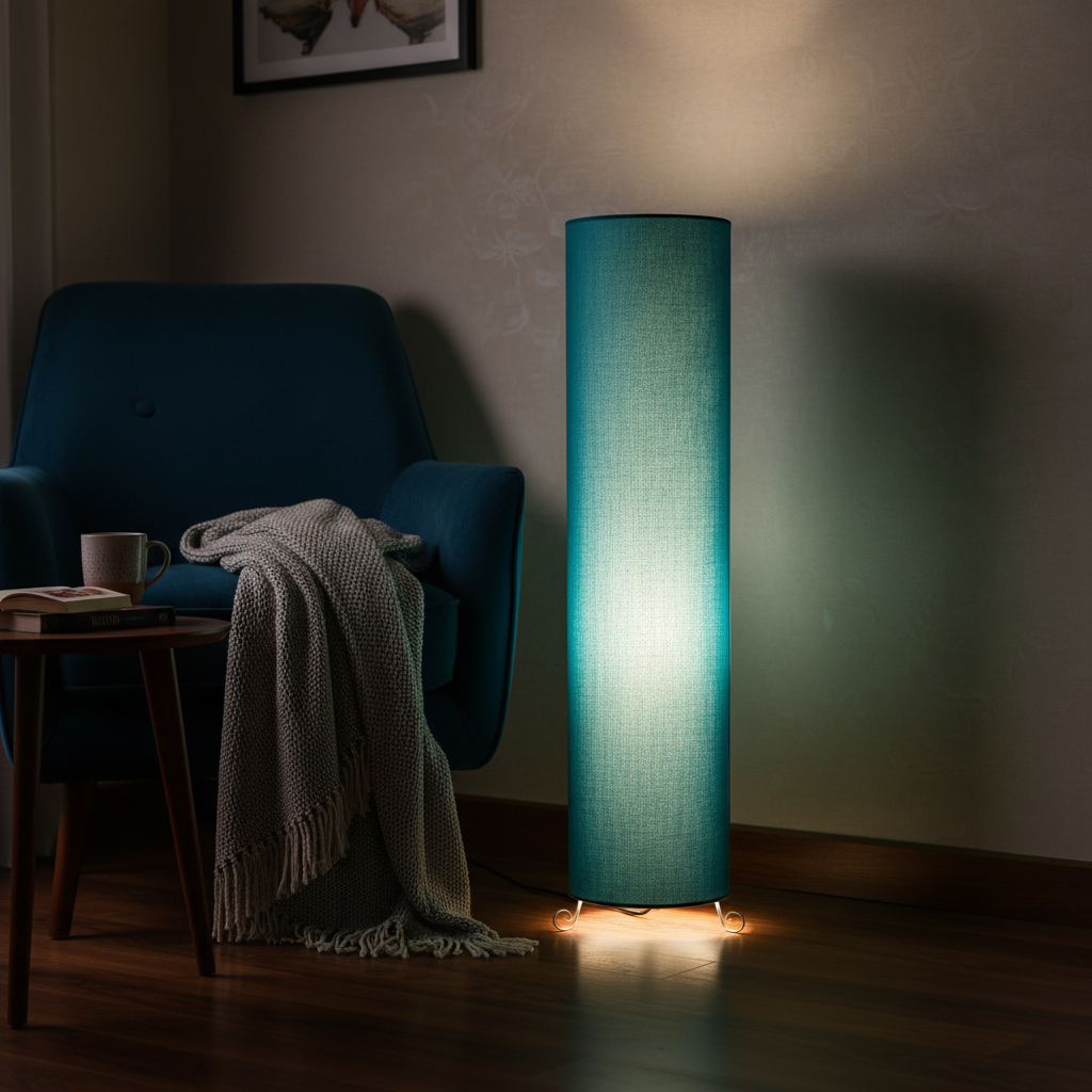 Cylinder Shape Floor Lamp with Metal Base – Modern Corner Light (Teal Blue) - Image 11