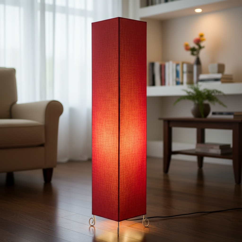 Modern Red Square Floor Lamp with Fabric Shade – Tall Standing Corner Lamp for Living Room, Bedroom & Office – Soft Ambient Lighting Decorative Tower Light