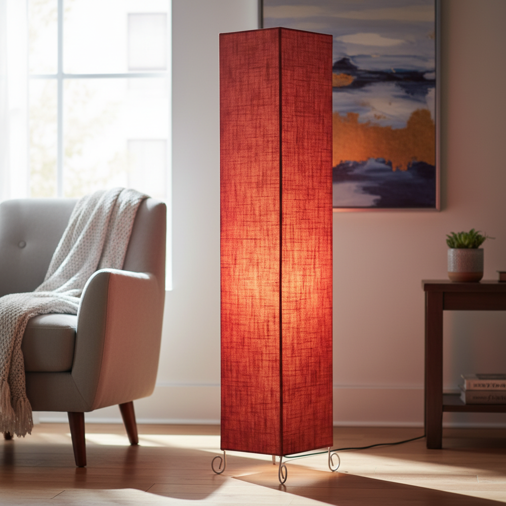 Modern Red Texture Square Floor Lamp with Fabric Shade – Tall Standing Corner Lamp for Living Room, Bedroom & Office – Soft Ambient Lighting Decorative Tower Light