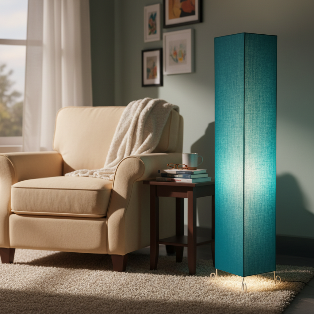 Modern Teal Square Floor Lamp with Fabric Shade – Tall Standing Corner Lamp for Living Room, Bedroom & Office – Soft Ambient Lighting Decorative Tower Light - Image 6