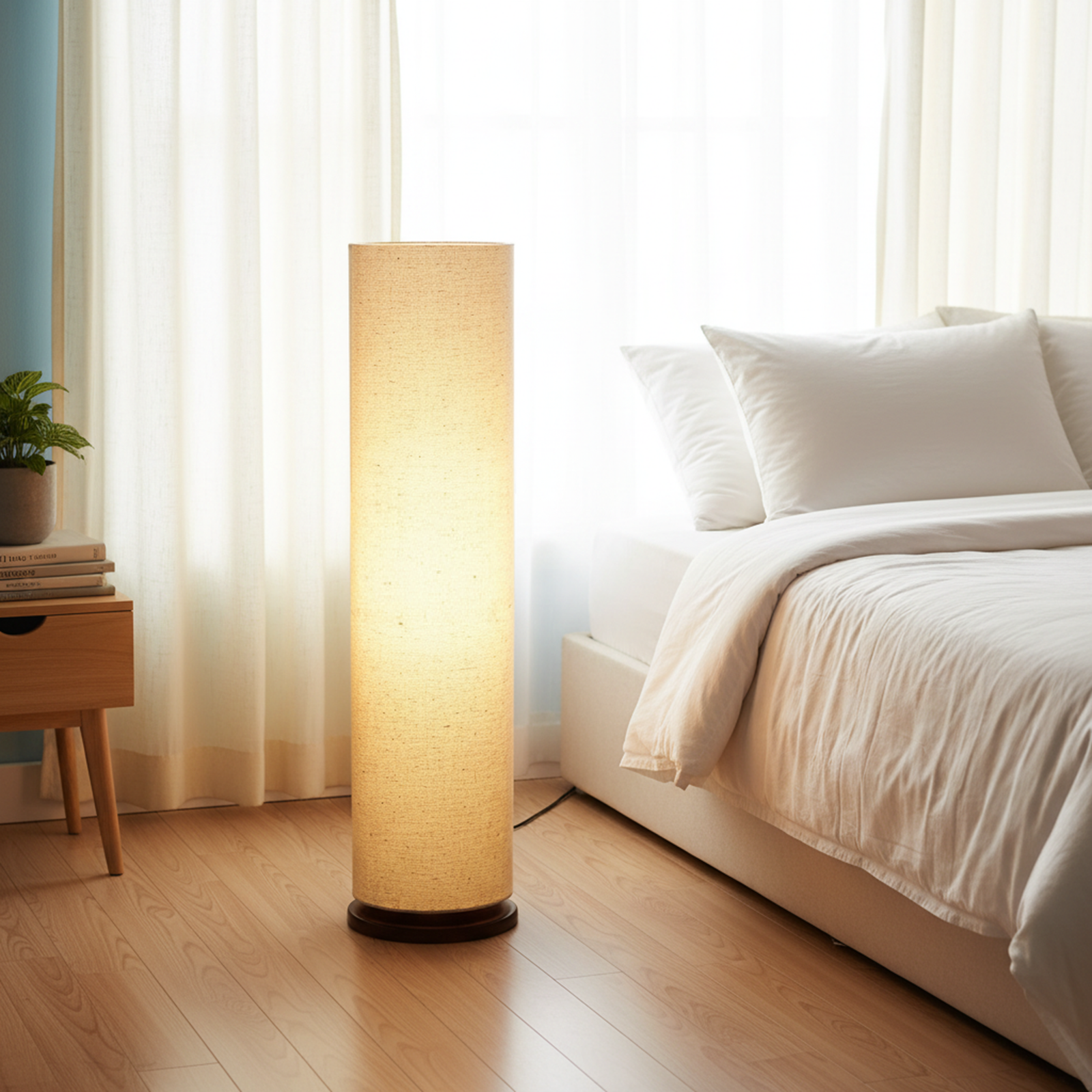 Modern Cylinder Floor Lamp with Fabric Drum Shade & Wooden Base – Tall Standing Lamp for Living Room, Bedroom, Office, Hotel Lobby – Soft Ambient Lighting