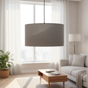 18-Inch Grey Drum Fabric Pendant Light – Soft Glow Hanging Ceiling Lamp, Warm Ambient Lighting for Reading Nook, Dining Area & Home Decor- Black Canopy