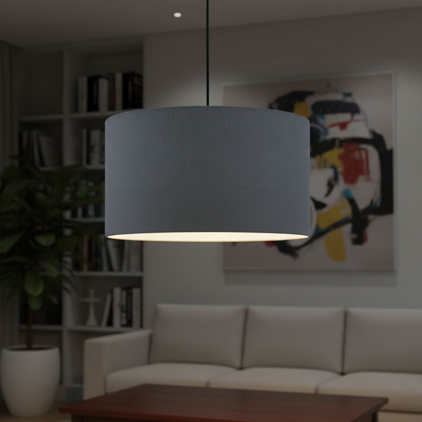 16-Inch Grey Drum Fabric Pendant Light – Soft Glow Hanging Ceiling Lamp, Warm Ambient Lighting for Reading Nook, Dining Area & Home Decor- Black Canopy - Image 6