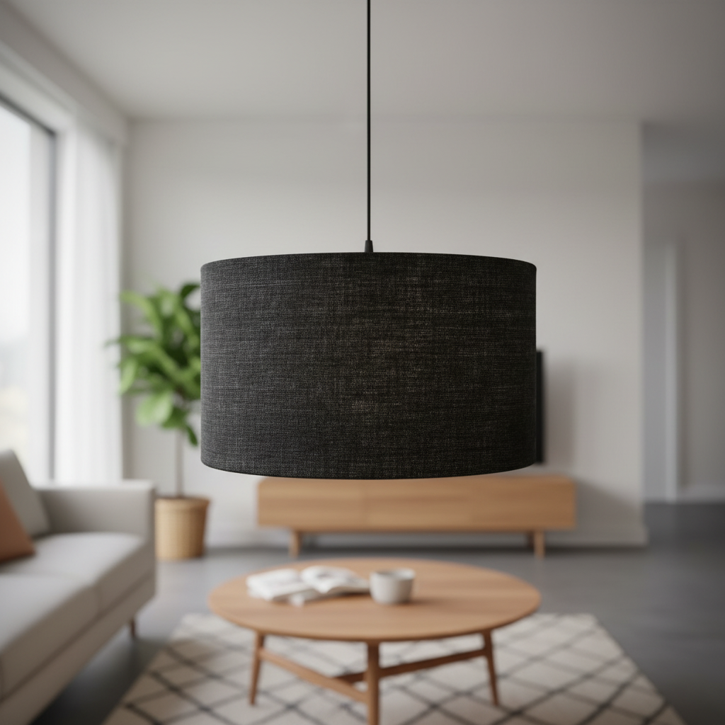 18 Inches Pendant/Hanging Ceiling Light Fixture, Black Jute Drum Shade for Bedroom, Kitchen, Living Room, Dining Table, Lobby, Kitchen, Black/Silver Canopy - Image 2