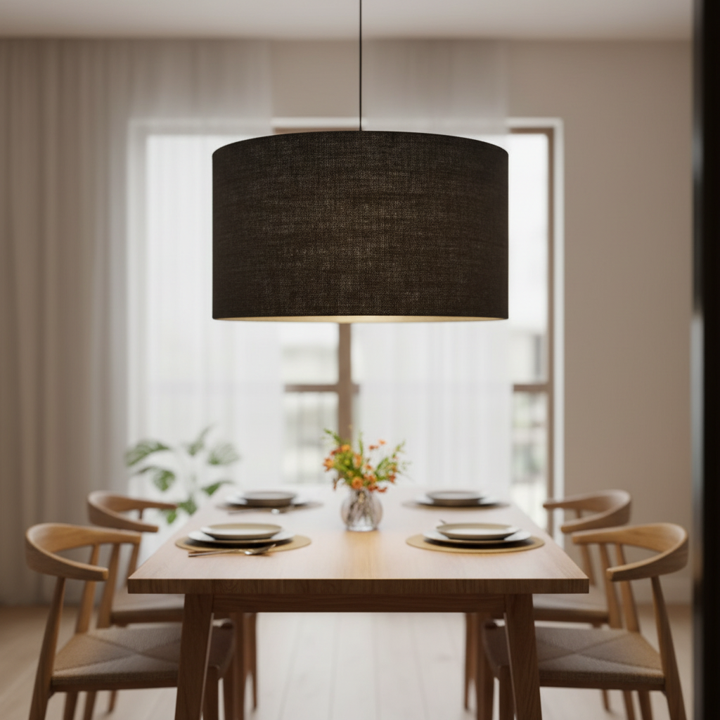 20 Inches Pendant/Hanging Ceiling Light Fixture, Black Jute Drum Shade for Bedroom, Kitchen, Living Room, Dining Table, Lobby, Kitchen, Black/Silver Canopy - Image 4