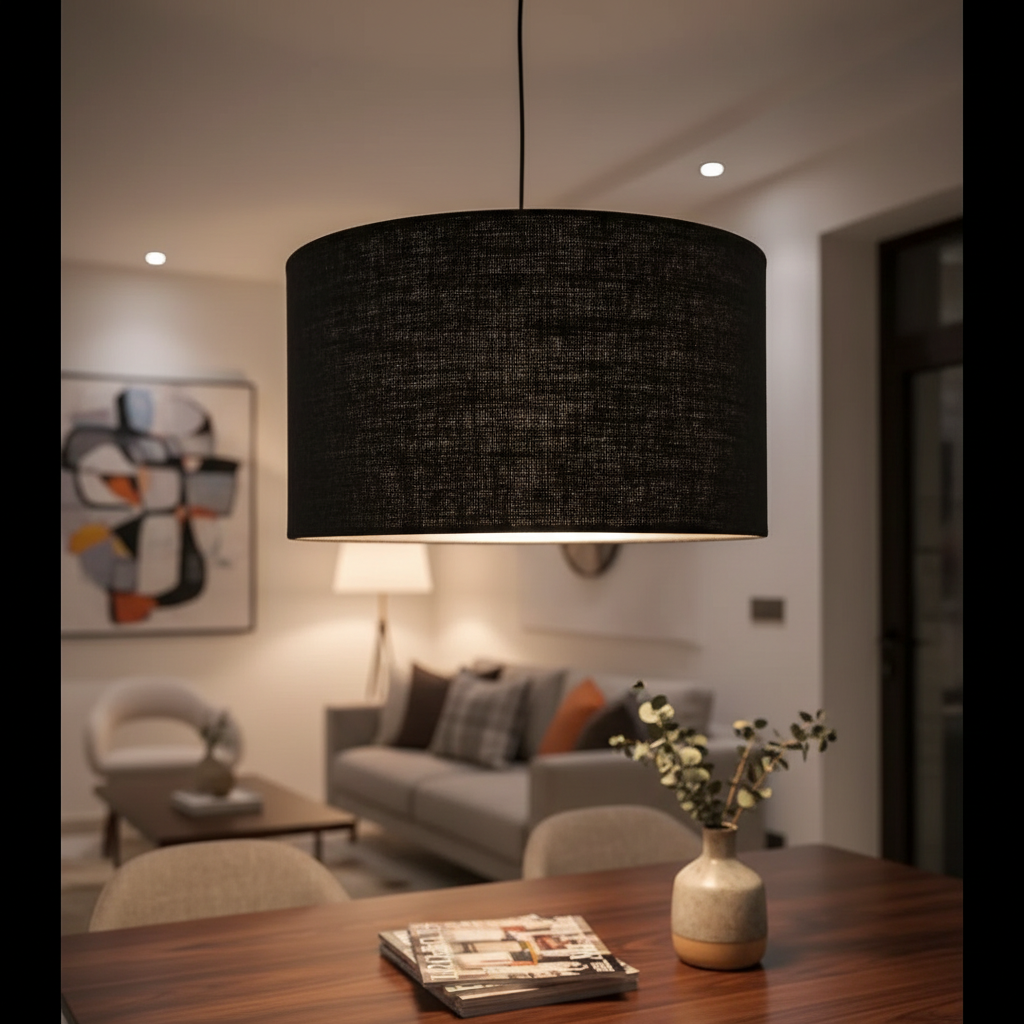 20 Inches Pendant/Hanging Ceiling Light Fixture, Black Jute Drum Shade for Bedroom, Kitchen, Living Room, Dining Table, Lobby, Kitchen, Black/Silver Canopy - Image 7