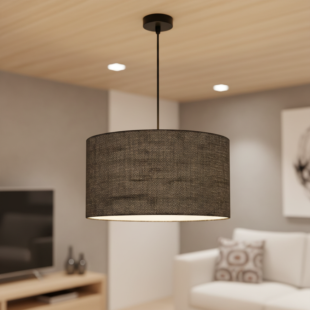 18 Inches Pendant/Hanging Ceiling Light Fixture, Black Jute Drum Shade for Bedroom, Kitchen, Living Room, Dining Table, Lobby, Kitchen, Black/Silver Canopy - Image 3