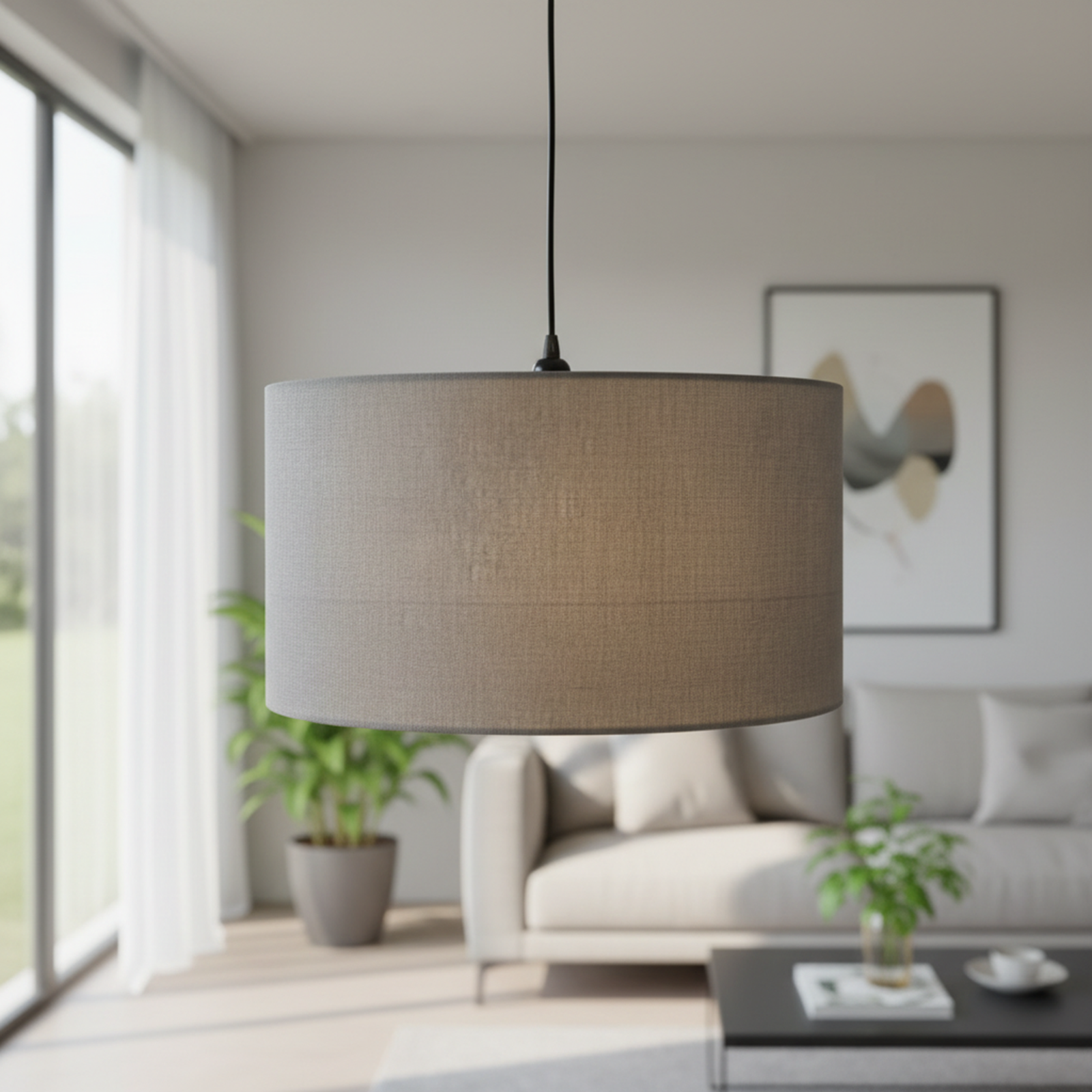 16-Inch Grey Drum Fabric Pendant Light – Soft Glow Hanging Ceiling Lamp, Warm Ambient Lighting for Reading Nook, Dining Area & Home Decor- Black Canopy - Image 2