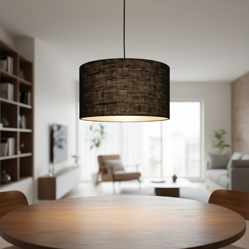 18 Inches Pendant/Hanging Ceiling Light Fixture, Black Jute Drum Shade for Bedroom, Kitchen, Living Room, Dining Table, Lobby, Kitchen, Black/Silver Canopy - Image 9